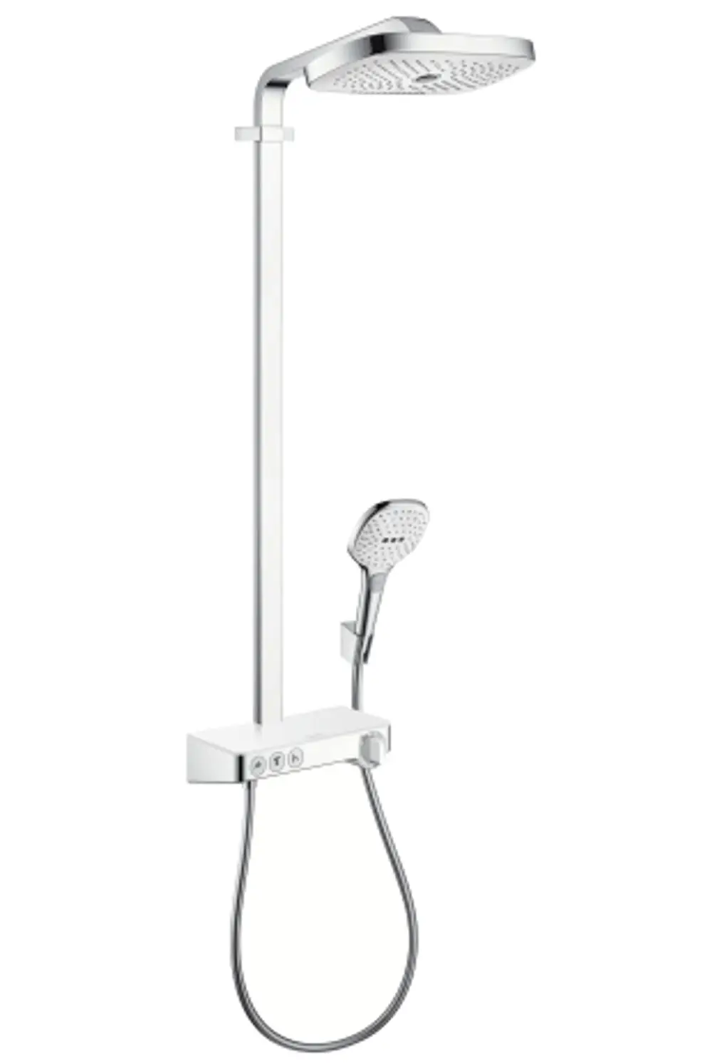Hansgrohe Duschsystem mit Kopf- und Handbrause, inklusive Wandsteuerung und verstellbarem Schlauch, in Chrom und Weiß.